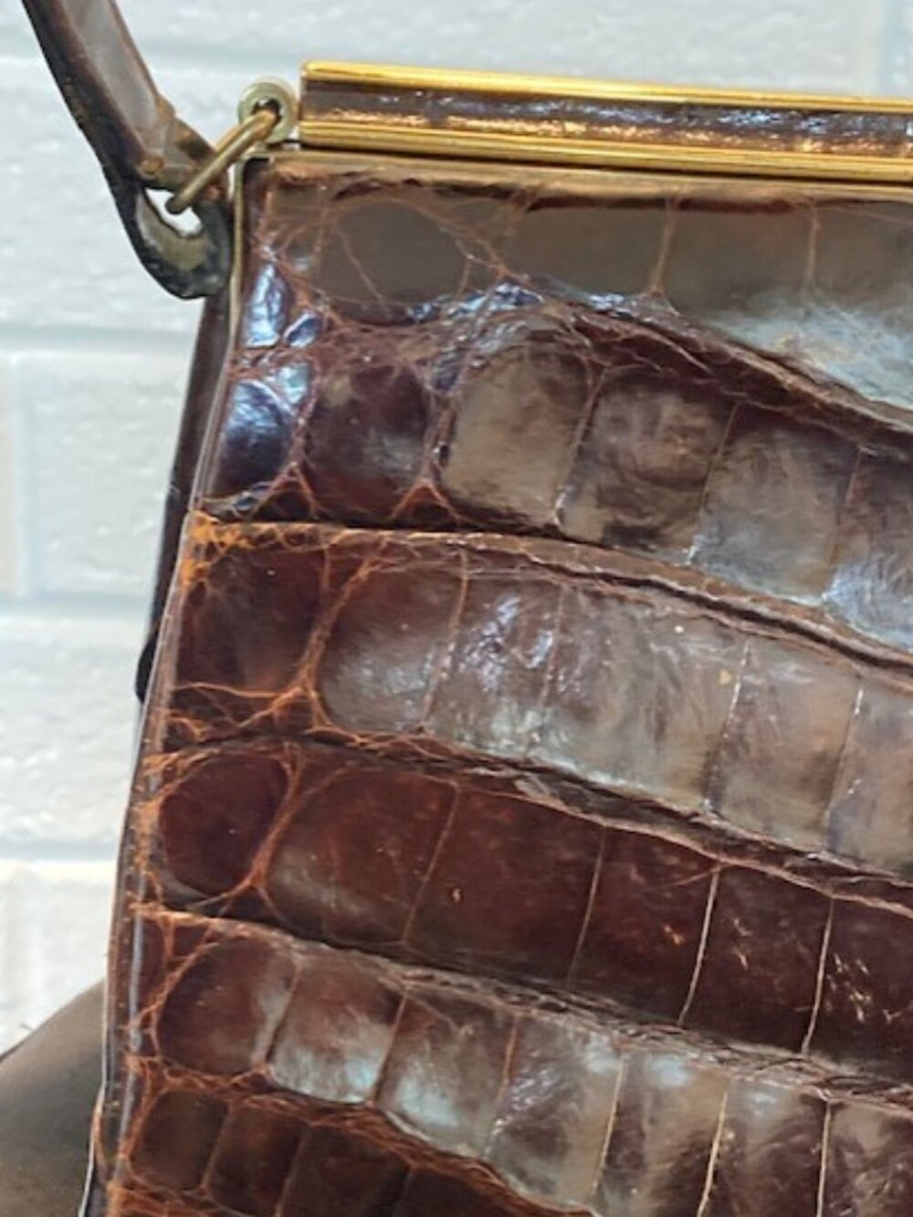 Vintage 1950s Genuine Crocodile Handbag - Brown - FAIR (Handle Repair Needed) - Picture 6 of 16